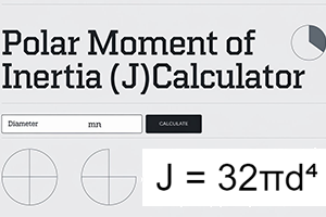 Illustration of the Polar Moment of Inertia (J) Calculator, showing input fields for diameter, a calculate button, result display, and the formula J = 32πd⁴